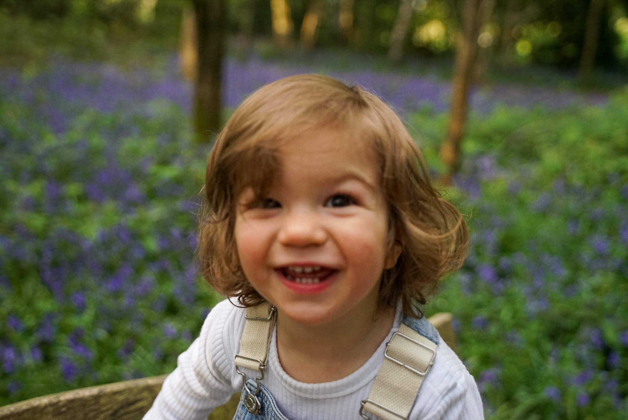 Children's portrait among spring bluebells in natural light